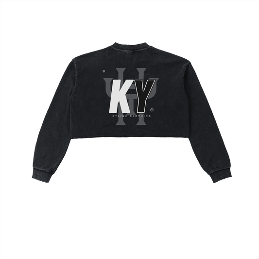 KYLINE Snow Washed Raw Edge Cropped Sweatshirt – Black
