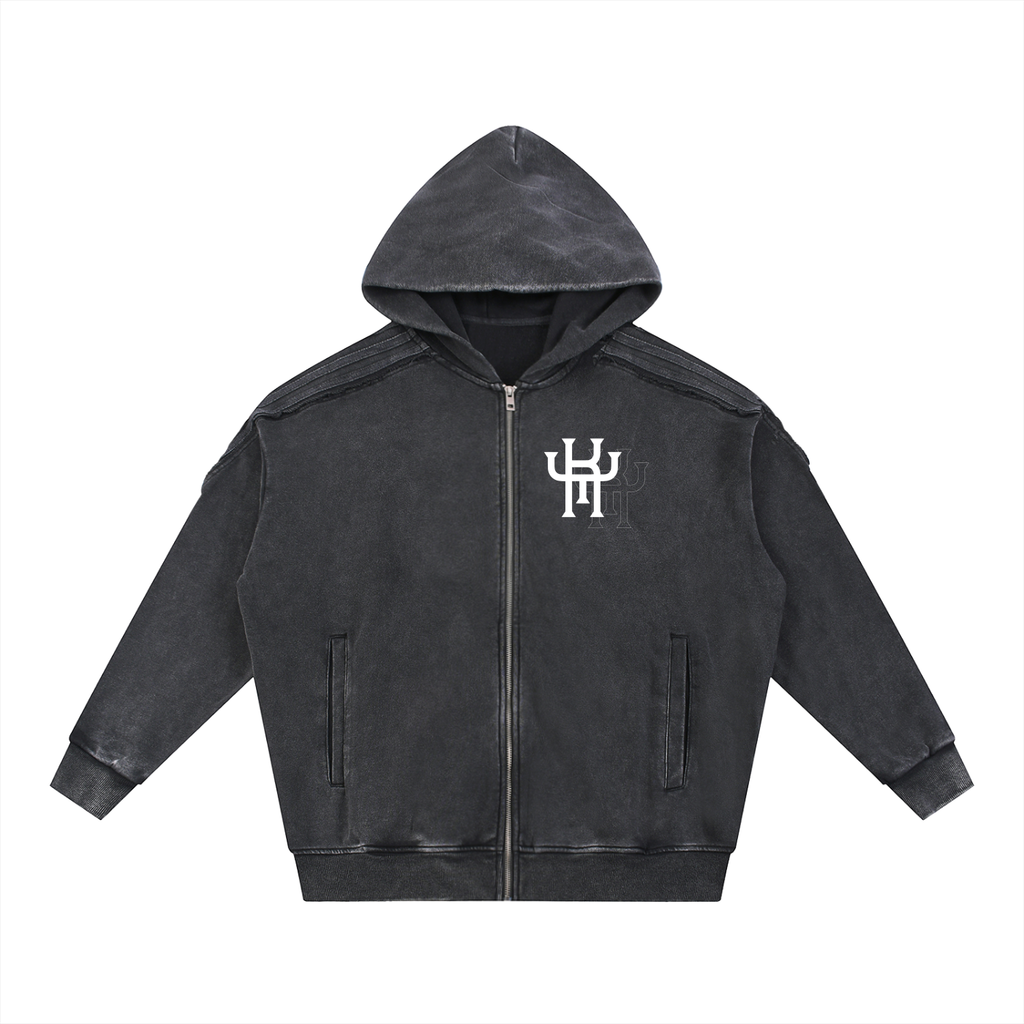 Snow Washed Tape Raw Edge Zip Hoodie