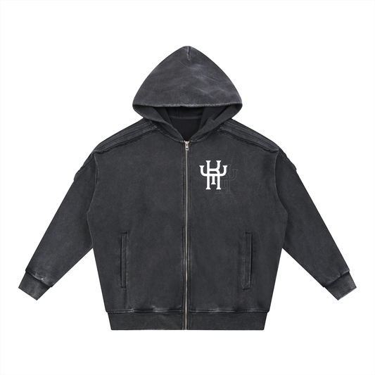 Snow Washed Tape Raw Edge Zip Hoodie
