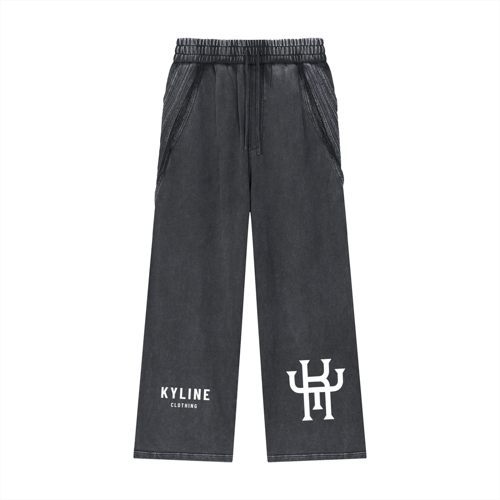 KYLINE Snow Washed Raw Edge Sweatpants – Black